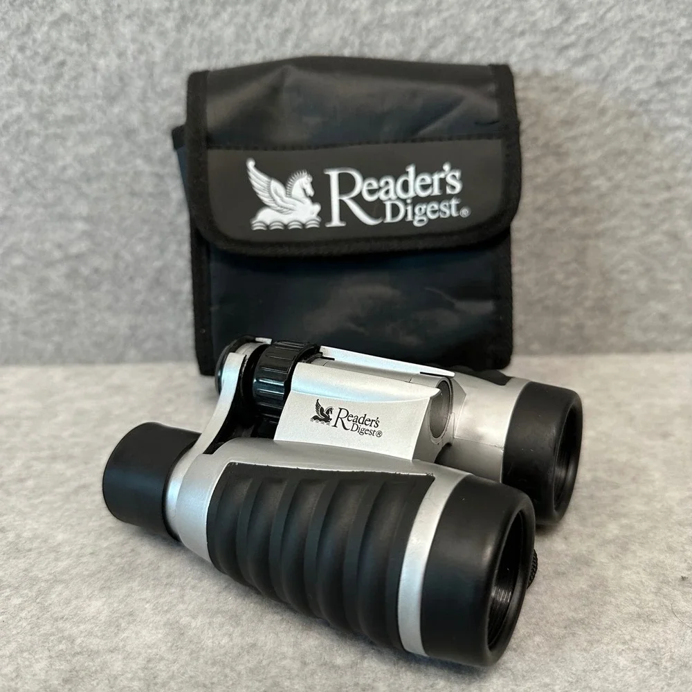 Readers Digest 4x30 Compact Binoculars Silver Black with Carrying Case and Strap